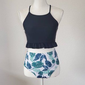 High Neck Ruffle & Leaves Print Bikini Set